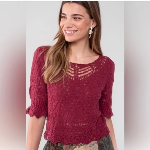 NATURAL LIFE Burgundy Crochet Scoop Neck Sweater. Size L - Picture 1 of 5